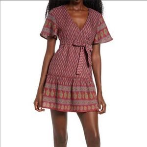 Raga Dress Avah Floral Print Boho Short Sleeve Faux Wrap Style in Wine Size L